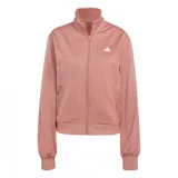 Conjunto deportivo Adidas Essentials Feel Cozy para mujer, color rosa con detalles en blanco. Incluye campera con cierre y pantalón largo.