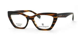 Armazón para lentes Laura Biagiotti, diseño cat eye con estampado carey marrón y patillas negras.