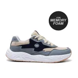 Championes Hi-Tec Lea de estilo casual, con capellada combinada en tonos gris, beige y azul marino, con detalles de costuras y perforaciones. Suela de goma blanca con base marrón.