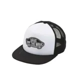 Gorra Vans con visera rígida, panel frontal blanco con logo "Vans Off The Wall" y paneles traseros de malla negra.