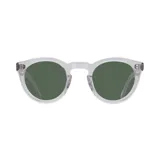 Lentes de sol con montura redonda transparente y lentes grises.