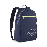 Mochila Puma Phase azul marino con detalles en amarillo. Logo de Puma en blanco y bolsillo frontal con cierre amarillo.