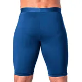 Calza corta de lycra azul con logo de la marca en la pierna izquierda.