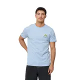 Remera celeste de manga corta con logo de la marca Rusty estampado en el pecho.