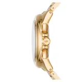 Reloj Michael Kors modelo Camille, con caja y pulsera de acero inoxidable color dorado, esfera blanca con números romanos y tres subesferas.