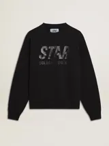 Buzo negro de algodón con cuello redondo y estampado frontal con el logo de la marca Golden Goose en color gris.