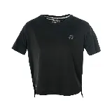 Remera deportiva negra de corte holgado, con cuello redondo y mangas cortas.