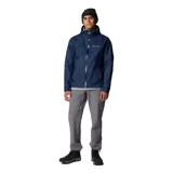 Cortaviento Columbia Evapouration II para hombre, color azul marino. Confeccionado en nylon 100% impermeable con tecnología Omni-Tech. Cuenta con capucha ajustable, cierre en las axilas para mayor transpirabilidad, puños ajustables y cordón en el dobladillo.