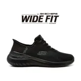Championes deportivos Skechers Hands Free Slip-ins Bounder 2.0, color negro, con capellada de malla técnica, cordones elásticos, panel moldeado en el talón y plantilla Air-Cooled Memory Foam.