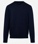 Suéter azul marino de tejido de punto liso, con cuello V y mangas largas.