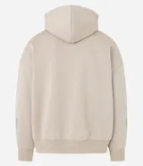 Saco beige de algodón y poliéster con capucha, bolsillo canguro, manga larga ajustada con estampa de llamas lateral, bajo ajustado y estampa lettering localizada.