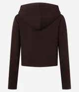 Campera corta de modal color azul, con capucha fija, mangas largas y cierre frontal de cremallera.