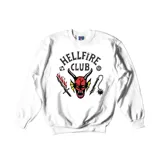 Buzo blanco de algodón con estampa del Hellfire Club, con un demonio, una espada y un arma medieval.