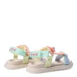 Sandalias estilo Teva con plataforma color beige y tiras de tela en colores pastel: celeste, verde, rosa y naranja.