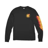 Remera negra de manga larga con logo de Etnies en el pecho y estampado de llamas en la manga derecha.