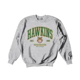 Buzo gris melange de algodón con estampa frontal del logo de Hawkins High School en verde y naranja, con un tigre en el centro.