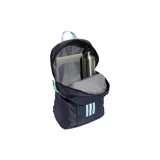 Mochila deportiva Adidas, color azul marino oscuro, con tres franjas verticales en celeste claro, blanco y celeste, y logo de Adidas en dorado. Presenta correas ajustables y detalles en celeste claro.