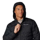 Campera de plumas negra con capucha, forro termorreflectante Omni-Heat™, tecnología HeatSeal™ y tejido hidrófugo Omni-Shield™.