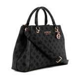 Cartera Guess modelo Evelune mediana, color negro con estampado del logo de la marca. Tiene doble asa de mano, correa bandolera desmontable y herrajes dorados.