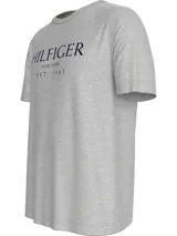 Remera gris de algodón con cuello redondo y logo Tommy Hilfiger estampado en azul marino en el pecho.