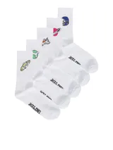 Pack de cinco pares de medias blancas de corte medio con diferentes diseños bordados: nave espacial, astronauta, planeta con anillo, zorro y conejo.