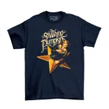 Remera azul marino de algodón con estampado del logo de la banda The Smashing Pumpkins y una imagen de una mujer sentada sobre una estrella amarilla.
