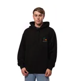 Canguro negro con capucha y cordones ajustables, bolsillo tipo canguro y puños y cintura acanalados. Estampado pequeño en el pecho con una palmera, el sol y el texto "La Isla".