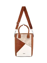 Bolso matero de mano con correa ajustable en algodón y división interior. Diseño con parches geométricos en simil cuero color marrón, blanco y beige.