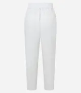Pantalón de crepé blanco con lazo delantero en la cintura y elástico. Corte recto con botamanga arremangada.