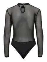 Body negro de mangas largas confeccionado en mesh, con cuello alto y corte ajustado.