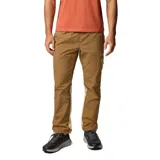 Pantalón de hombre color marrón claro con paneles laterales color crema, de corte recto y cintura elástica ajustable. Cuenta con bolsillos laterales, bolsillo trasero con velcro y bolsillo con cremallera en el muslo.