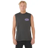 Musculosa negra con logo ovalado de Rip Curl en el pecho, sin mangas y corte recto.