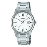 Reloj Casio plateado con esfera blanca, números romanos y calendario.