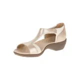 Sandalia de mujer color dorado con tiras finas y suela marrón.