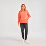 Buzo con capucha color salmón, con logo de Caterpillar estampado en blanco en el pecho y bolsillo tipo canguro.