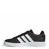 Championes urbanos Adidas Grand Court Base 3.0, color negro con tres franjas laterales blancas y suela de goma blanca.