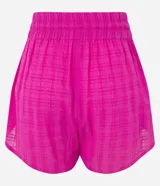 Short de playa fucsia de algodón texturizado, con cintura elástica y lazo ajustable.