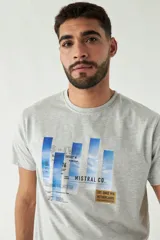 Remera gris de manga corta con cuello redondo y estampado con texto y gráficos en tonos azules.