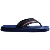 Ojotas Havaianas New Urban Way negras con tiras de tela rayadas en azul y blanco.