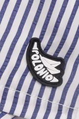 Short de baño a rayas verticales azules y blancas, con cintura elástica ajustable con cordón y logo bordado en la pierna.