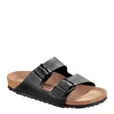 Sandalias Birkenstock Arizona unisex, color negro, con dos correas ajustables con hebillas metálicas, plantilla anatómica de corcho y látex, y suela de goma EVA.