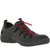 Sandalia deportiva de cuero color marrón con ajuste elástico y suela de goma negra.