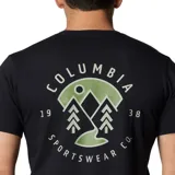 Remera negra de algodón orgánico, con cuello redondo y logo de Columbia estampado en el pecho.