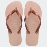 Ojotas Havaianas Top color rosa claro con tiras color cobre y logo de la marca en relieve.