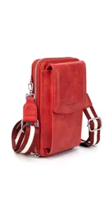 Bandolera porta celular color rojo, con bolsillo frontal con tapa, cierre perimetral y correa de galón regulable y desmontable. Interior con bolsillos para documentos, reparticiones para tarjetas y billetes.