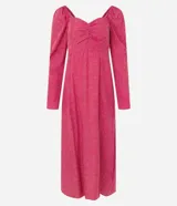 Vestido midi de viscosa con estampado de lunares, escote corazón con fruncido en el busto, mangas largas y abertura lateral.