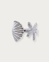 Anillo plateado con forma de concha marina y estrella de mar, de acero quirúrgico hipoalergénico.