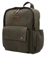 Mochila de canvas encerado color verde oliva con detalles en cuero marrón. Cuenta con un compartimento principal con cierre, múltiples bolsillos con broches imantados y correas ajustables.