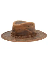 Sombrero de cuero marrón con ala ancha y cinta trenzada decorativa.