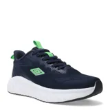 Championes deportivos Umbro modelo Fury para hombre, color azul marino con detalles en verde lima. Presentan un exterior de malla textil transpirable, cordones azules y el logo Umbro en verde lima en el lateral. La suela es gruesa, de espuma blanca con textura ondulada y base de goma negra.